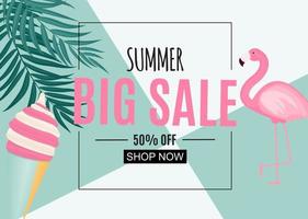 Abstract Summer Sale Background with Palm Leaves and Flamingo vector