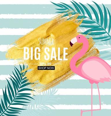 Abstract Summer Sale Background with Flamingo and Palm Leaves