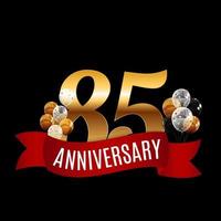 Golden 85 Years Anniversary Template with Red Ribbon Vector Illustration