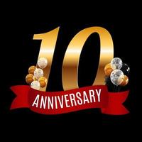 Golden 10 Years Anniversary Template with Red Ribbon Vector Illustration