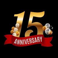 Golden 15 Years Anniversary Template with Red Ribbon Vector Illustration