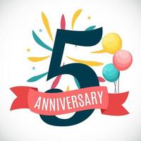 Anniversary 5 Years Template with Ribbon Vector Illustration