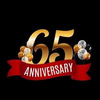 Golden 65 Years Anniversary Template with Red Ribbon Vector Illustration