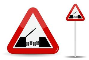 Señal de carretera puente levadizo de advertencia en triángulo rojo se representan esquemáticamente el agua de la costa y el puente vector