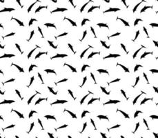 Seamless pattern of black dolphins in different variants. Jump, fly, swim and dive vector