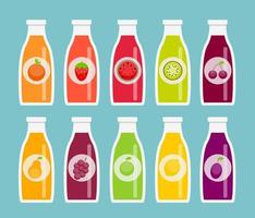Apple, Orange, Plum, Cherry, Lemon, Lime, Watermelon, Strawberries, Kiwi, Peaches, Grapes and Pear Juice Bottle Template in Modern Flat Style vector
