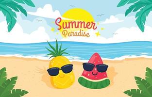 lindo personaje de piña y sandía en la playa de verano vector