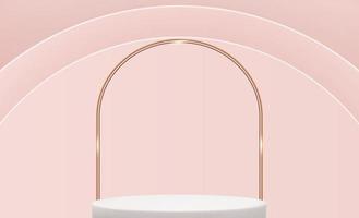 Realistic 3d pedestal over pink circle background. Trendy empty podium display for ads cosmetic product presentation vector
