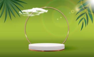 Fondo de pedestal blanco 3d con anillo de vidrio dorado, marco de hojas de palma realistas para presentación de productos cosméticos revista de moda vector