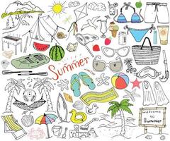 Summer season doodles elements Hand drawn sketch set with sun umbrella sunglasses palms and hammock beach camping items mountains tent raft grill kite Drawing doodle isolated on white vector