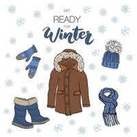 Winter season set doodle elements Hand drawn sketch collection with boots warm clothes socks gloves coat and hat Lettering winter vector illustration