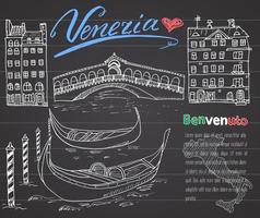 Venice Italy sketch elements Hand drawn set with flag map gondolas houses market bridge Lettering Venice welcome in Italian Drawing doodle collection and sample text on chalkboard vector