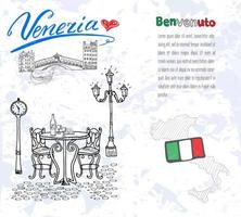 elementos de dibujo de venecia italia conjunto dibujado a mano con mapa de bandera góndolas casas mercado puente letras bienvenida de venecia en dibujo italiano colección de garabatos y texto de muestra vector