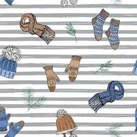 Winter season doodle clothes seamless pattern Hand drawn sketch elements on striped vector background illustration