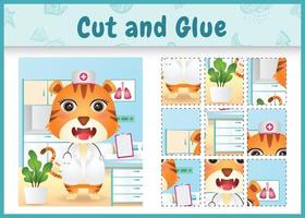 Children board game cut and glue with a cute tiger using costume nurses vector