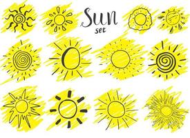 Hand drawn set of different suns sketch vector illustration isolated on white