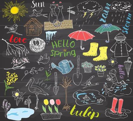 Spring season set doodles elements Hand drawn sketch set with umbrella rain rubber boots raincoat flowers garden tools nest and birds Drawing doodle collection on chalkboard