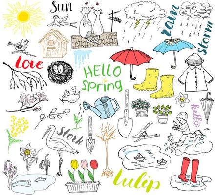 Spring season set doodles elements Hand drawn sketch set with umbrella rain rubber boots raincoat flowers garden tools nest and birds Drawing doodle collection isolated on white background