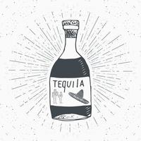 Vintage label Hand drawn bottle of tequila Mexican traditional alcohol drink sketch grunge textured retro badge emblem design typography tshirt print vector illustration