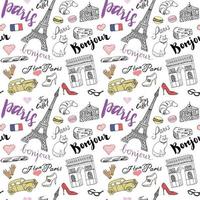 Paris seamless pattern with Hand drawn sketch elements Eiffel tower triumf arch fashion items Drawing doodle vector illustration isolated on white