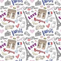 París de patrones sin fisuras con elementos de boceto dibujados a mano torre eiffel arco de triumf artículos de moda dibujo ilustración de vector de doodle aislado en blanco