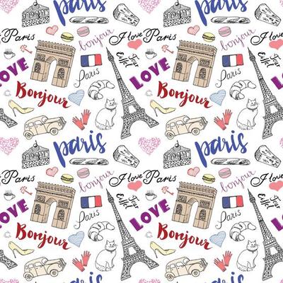 Paris seamless pattern with Hand drawn sketch elements Eiffel tower triumf arch fashion items Drawing doodle vector illustration isolated on white