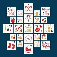 calendario de adviento de navidad. números y elementos dibujados a mano. Diseño de conjunto de tarjetas de calendario de vacaciones de invierno, ilustración vectorial vector