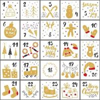 calendario de adviento de navidad. números y elementos dibujados a mano. Diseño de conjunto de tarjetas de calendario de vacaciones de invierno, ilustración vectorial vector