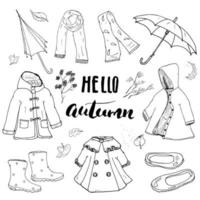 Autumn season clothes set. Hand drawn doodles and lettering vector illustration.