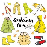Conjunto de ropa de temporada de otoño. garabatos dibujados a mano y letras ilustración vectorial. vector