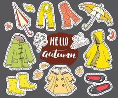 Autumn season clothes set. Hand drawn doodles and lettering vector illustration.