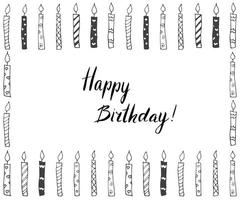 Hand drawn party background with candles, hand written lettering text happy birthday, isolated on white vector