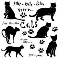 Hand drawn Sketch cats silhoets and traces. Outlined Doodles with Lettering. Vector Illustration Elements isolated on white background