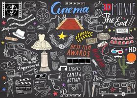 Cinema and Film Industry Set. Hand Drawn Sketch, Vector Illustration on Chalkboard