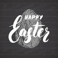 Happy Easter hand drawn greeting card with lettering and sketched grunge egg. Retro vintage holiday vector illustration on chalkboard background.