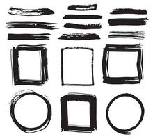 Frames and Brush strokes, grunge textured hand drawn elements set, vector illustration