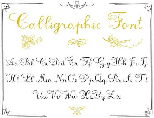 Alphabet letters, hand drawn calligraphy font. Vector alphabet. Hand written letters of the alphabet and decoration elements isolated on white background