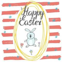 Happy Easter hand drawn greeting card with lettering and sketched doodle elements cute rabbit in easter egg shape on color background vector