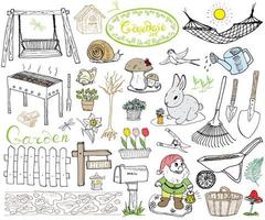 Garden set doodles elements. Hand drawn sketch with gardening tools, flovers and plants, garden figures, gnome mushrooms, rabbit, nest and birds, backyard swing. Drawing doodle, isolated on white vector