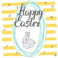 Feliz pascua tarjeta de felicitación dibujada a mano con letras y elementos de doodle esbozados lindo conejo en forma de huevo de pascua sobre fondo de color vector