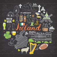 Ireland Sketch Doodles. Hand Drawn Irish Elements Set with flag and map of Ireland, Celtic Cross, Castle, Shamrock, Celtic Harp, Mill and Sheep, Whiskey Bottles and Irish Beer, Vector on chalkboard