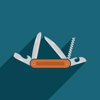 Multifunctional pocket knife icon. Flat design of hiking and camping equipment tool, vector illustration with long shadow