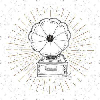 Gramophone vintage label, Hand drawn sketch, grunge textured retro badge, typography design t-shirt print, vector illustration