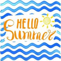 Lettering quote hello summer. Hand drawn Sketch typographic design sign, Vector Illustration on color lines background