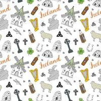 Ireland Sketch Doodles Seamless Pattern. Irish Elements with flag and map of Ireland, Celtic Cross, Castle, Shamrock, Celtic Harp, Mill and Sheep, Whiskey Bottles and Irish Beer, Vector Illustration