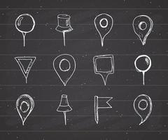 Map pointers hand drawn sketch set, navigation pins doodle vector illustration on chalkboard background