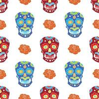 Day of the Dead seamless pattern, handdrawn sugar skulls and roses background, vector illustration