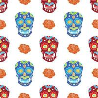 Día de los muertos de patrones sin fisuras, calaveras de azúcar dibujadas a mano y fondo de rosas, ilustración vectorial vector