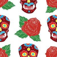 Day of the Dead seamless pattern, handdrawn sugar skulls and roses background, vector illustration