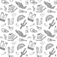 Mexico seamless pattern doodle elements, Hand drawn sketch mexican traditional sombrero hat, boots, poncho, cactus and tequila bottle, map of mexico, music instruments. vector illustration background